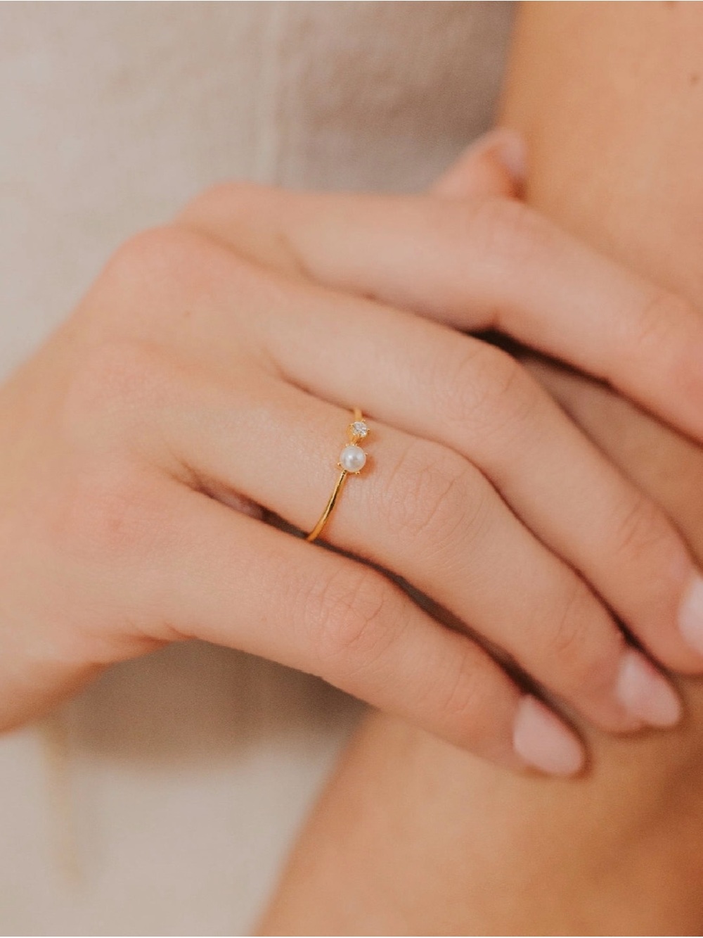 NonTarnish Waterproof Gold Pearl Accent Ring Women’s Minimal Elegant LW Jewelry